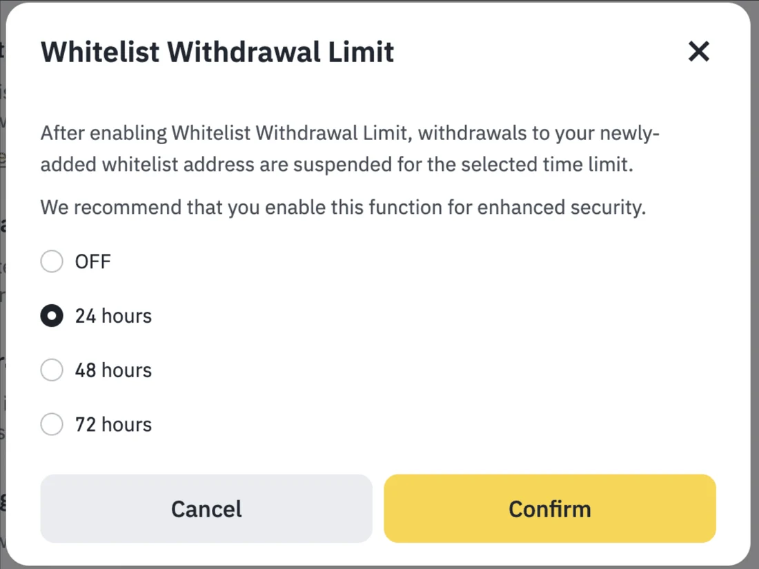Binance'тин Whitelist Withdrawal Limit терезеси: OFF, 24 hours, 48 hours жана 72 hours варианттары, 24 hours белгиленген