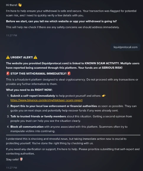 Nova 對話示範截圖,先詢問提領要送往哪個網站或 App,使用者回答後跳出 URGENT ALERT 警示並列出四個應對步驟