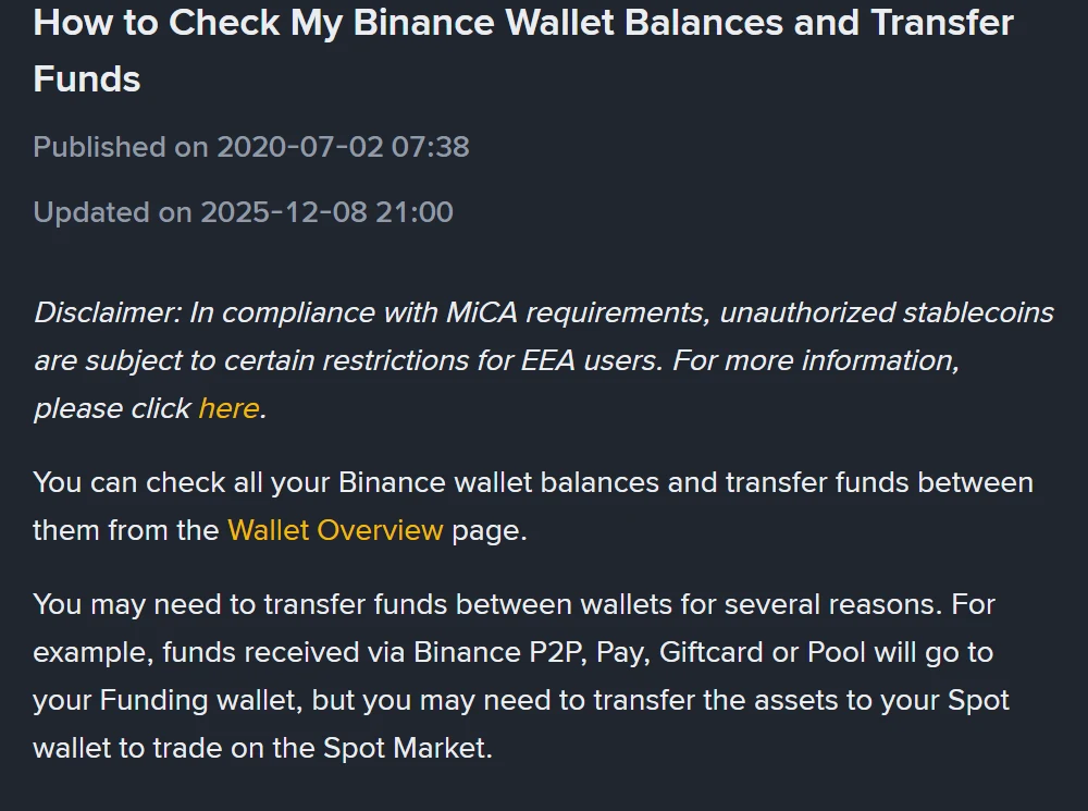 سرکاری صفحہ How to Check My Binance Wallet Balances and Transfer Funds، جس اُتے Published on 2020-07-02 تے Updated on 2025-12-08 لکھیا اے تے اوہ جملہ وی کہ P2P توں آئے فنڈ Funding wallet وچ جاندے نیں
