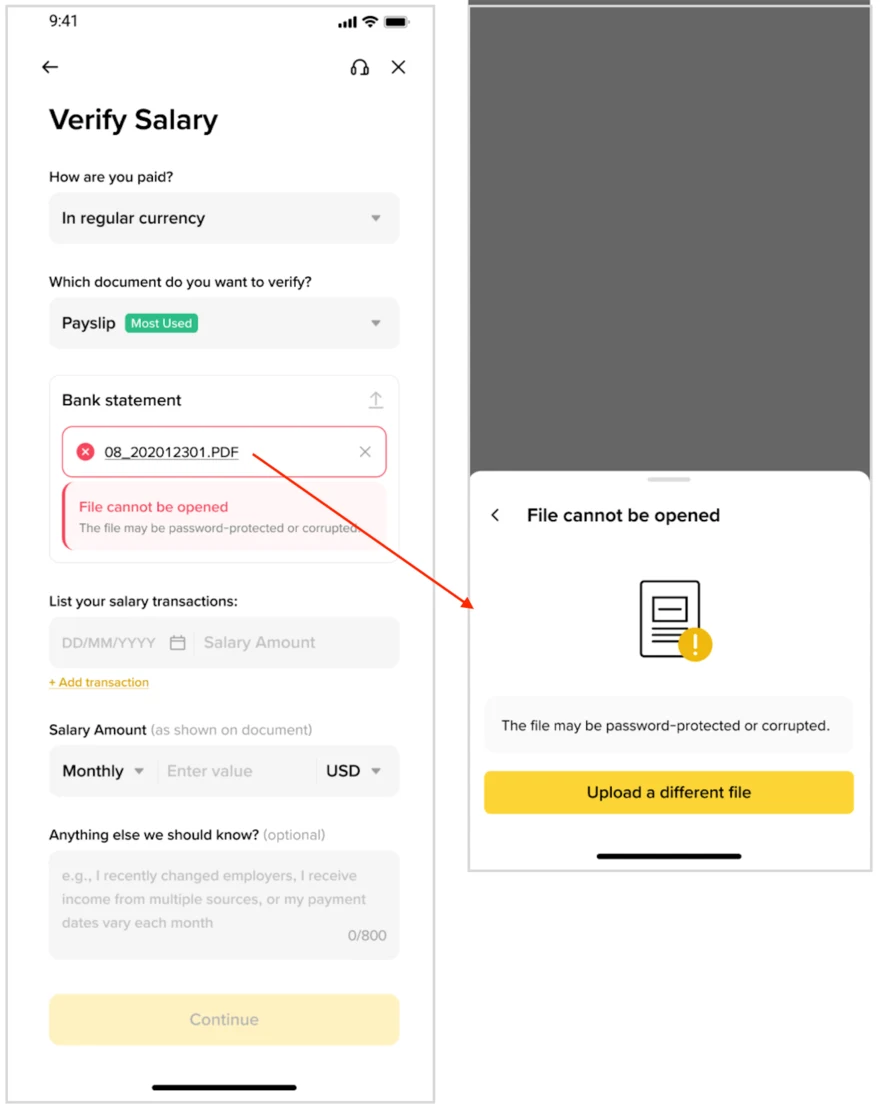 Binance колдонмосундагы Verify Salary экраны: жүктөлгөн PDF файлдын астында «File cannot be opened» деген кызыл билдирүү жана «Upload a different file» баскычы