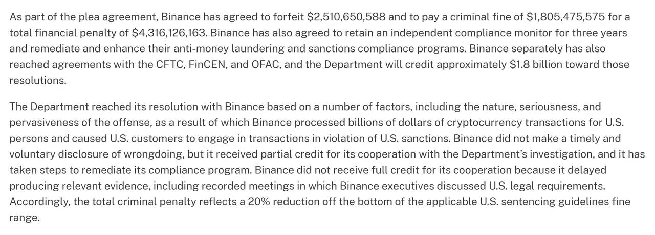 司法部新聞稿段落,寫明 Binance 同意沒收 2,510,650,588 美元、支付刑事罰金 1,805,475,575 美元、總額 4,316,126,163 美元,並聘請獨立合規監察人三年