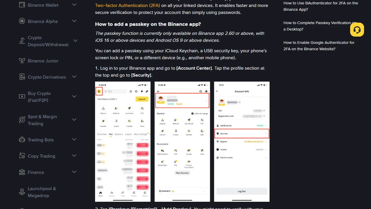 Binance دے سرکاری Passkey FAQ وچ App دا اصل Account Center توں Security تک دا راستہ؛ مثالاں وچ ذاتی account معلومات پہلے توں دھندلی کیتیاں ہوئیاں نیں