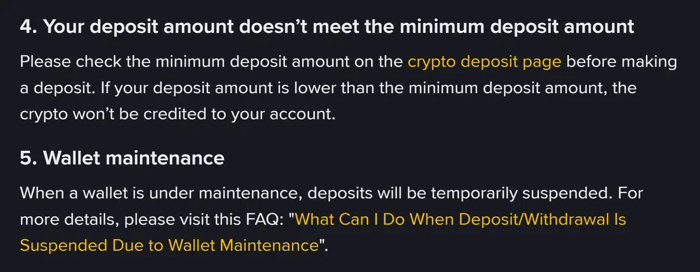 Binance دے مدد صفحے دے نکتے 4 تے 5: کم توں کم جمع رقم تے wallet maintenance
