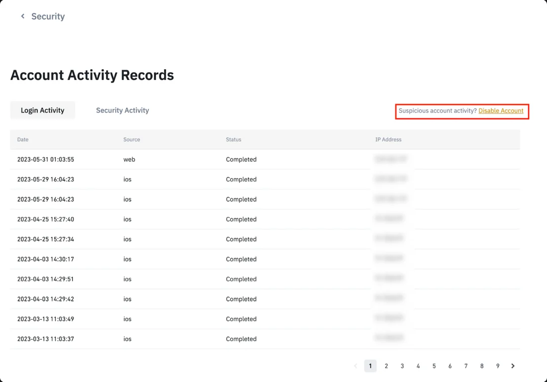 Binance'тин Account Activity Records барагы: Login Activity жана Security Activity салмалары, Date, Source, Status жана IP Address мамычалары менен кирүүлөрдүн тизмеси жана беттөө