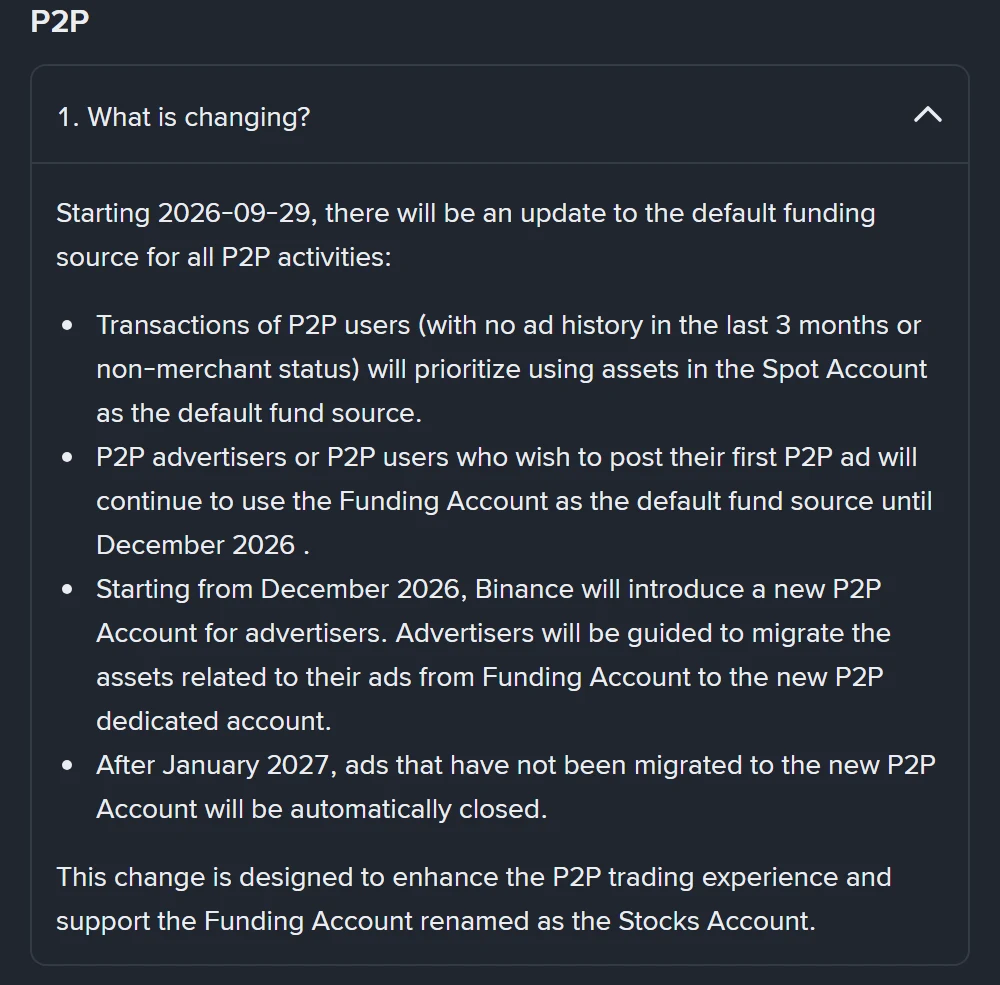 Binance دے سرکاری FAQ صفحے دا P2P حصہ، جتھے 29 ستمبر 2026 توں default fund source بدلن دے چار نکتے انگریزی وچ لکھے نیں