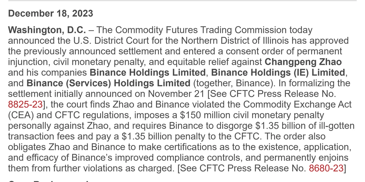 CFTC 2023 年 12 月 18 日新聞稿,說明伊利諾伊州北區聯邦地方法院已核准和解並作出同意命令,趙長鵬個人罰款 1.5 億美元、Binance 吐回 13.5 億並罰款 13.5 億美元