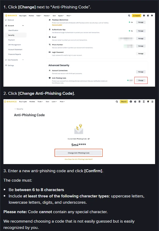 Binance دے سرکاری FAQ وچ website دا اصل راستہ: Advanced Security وچ Anti-Phishing Code دا Change بٹن، مگروں موجودہ code Sm4**** دی screen، تے نیچے 6 توں 8 حرفاں والا rule