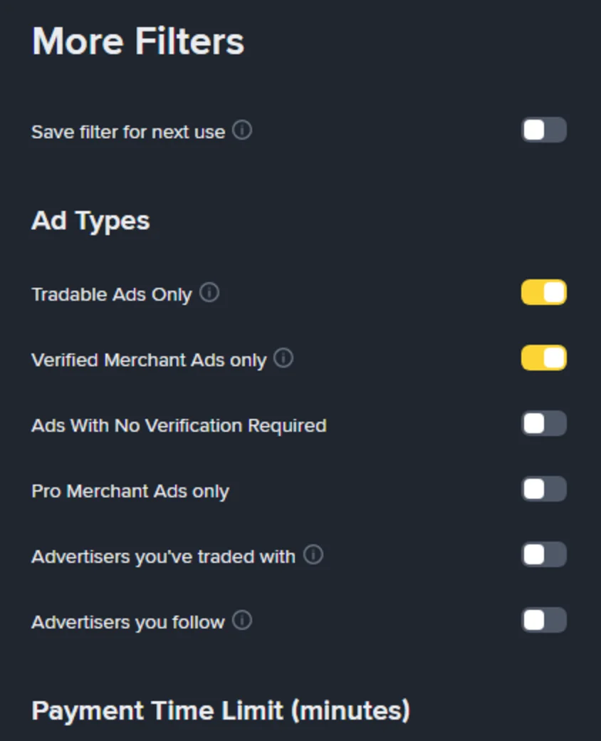 Binance P2P دے More Filters خانے وچ Ad Types دا حصہ، جِتھے Tradable Ads Only تے Verified Merchant Ads only دے toggle پہلے توں پیلے یعنی on نیں