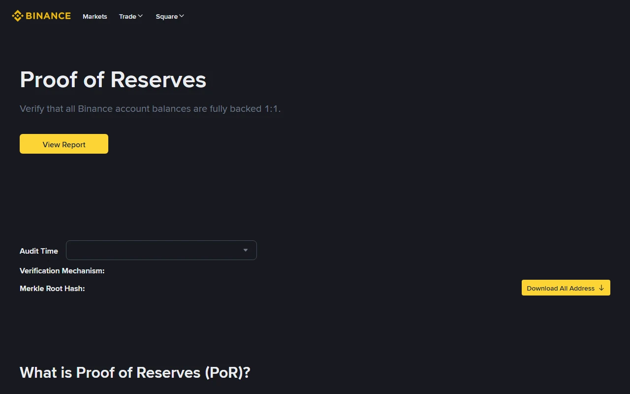 Binance Proof of Reserves 官方頁面,畫面顯示 View Report、Audit Time、Verification Mechanism、Merkle Root Hash 與地址下載入口