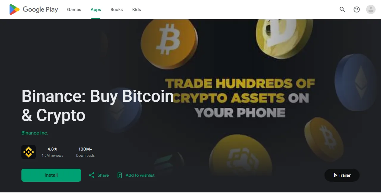 Google Play اُتے Binance app دی حقیقی listing، عنوان Binance Buy Bitcoin and Crypto تے developer Binance Inc. نظر آ رہے نیں