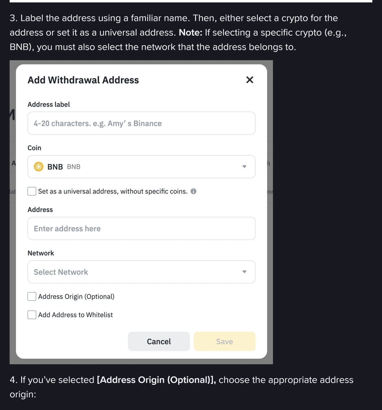 Binance دا Add Withdrawal Address خانہ: Address label دا خانہ 4-20 حروف منگدا اے، Coin وچ BNB چُنیا ہویا اے، تھلے Network، Address Origin (Optional) تے Add Address to Whitelist دیاں ٹِک ڈبیاں نیں