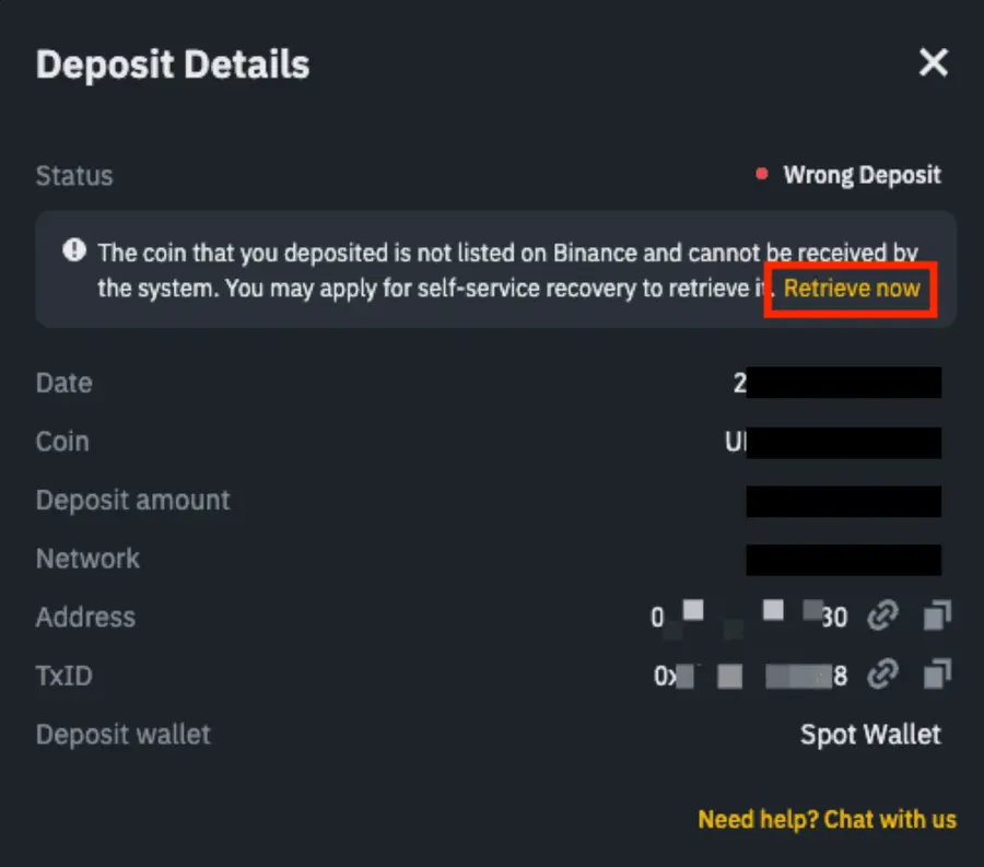 Binance دی Deposit Details ونڈو: status «Wrong Deposit» تے سُرخ ڈبے وچ Retrieve now