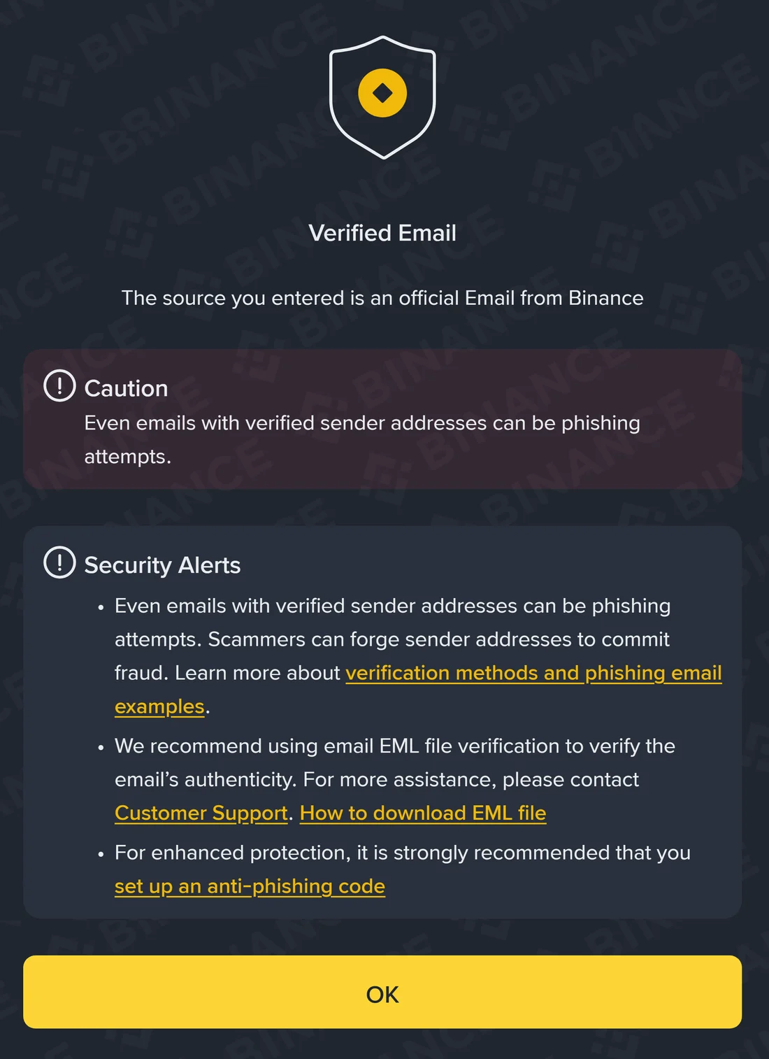 Binance Verify دا Verified Email نتیجہ، جیہدے ہیٹھاں Caution دے ڈبے وچ لکھیا اے کہ تصدیق شدہ بھیجن آلے پتے آلیاں ای-میلاں وی فشنگ ہو سکدیاں نیں
