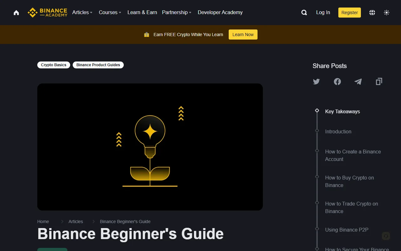 Binance Academy 英文新手指南頁面,目錄包含建立 Binance 帳戶、購買、交易與帳戶安全