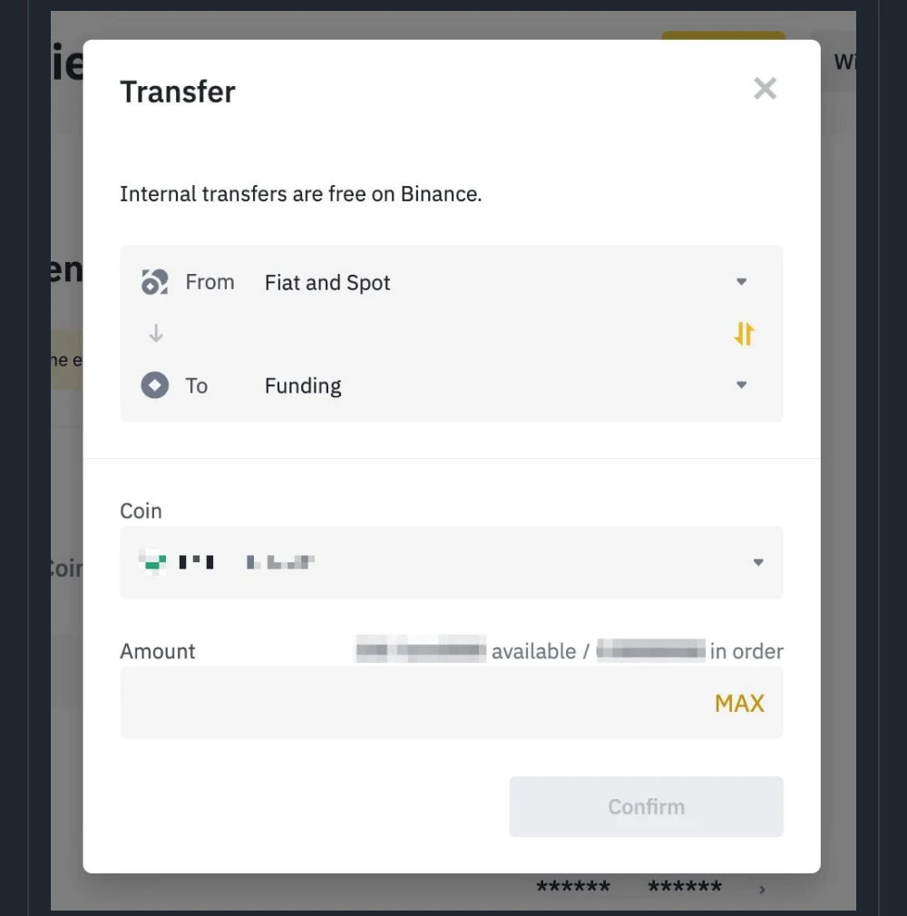 Binance دے سرکاری صفحے اُتے Transfer ونڈو دی تصویر: From وچ Fiat and Spot، To وچ Funding، اُتے جملہ Internal transfers are free on Binance، رقماں Binance نے خود بلر کیتیاں ہوئیاں نیں