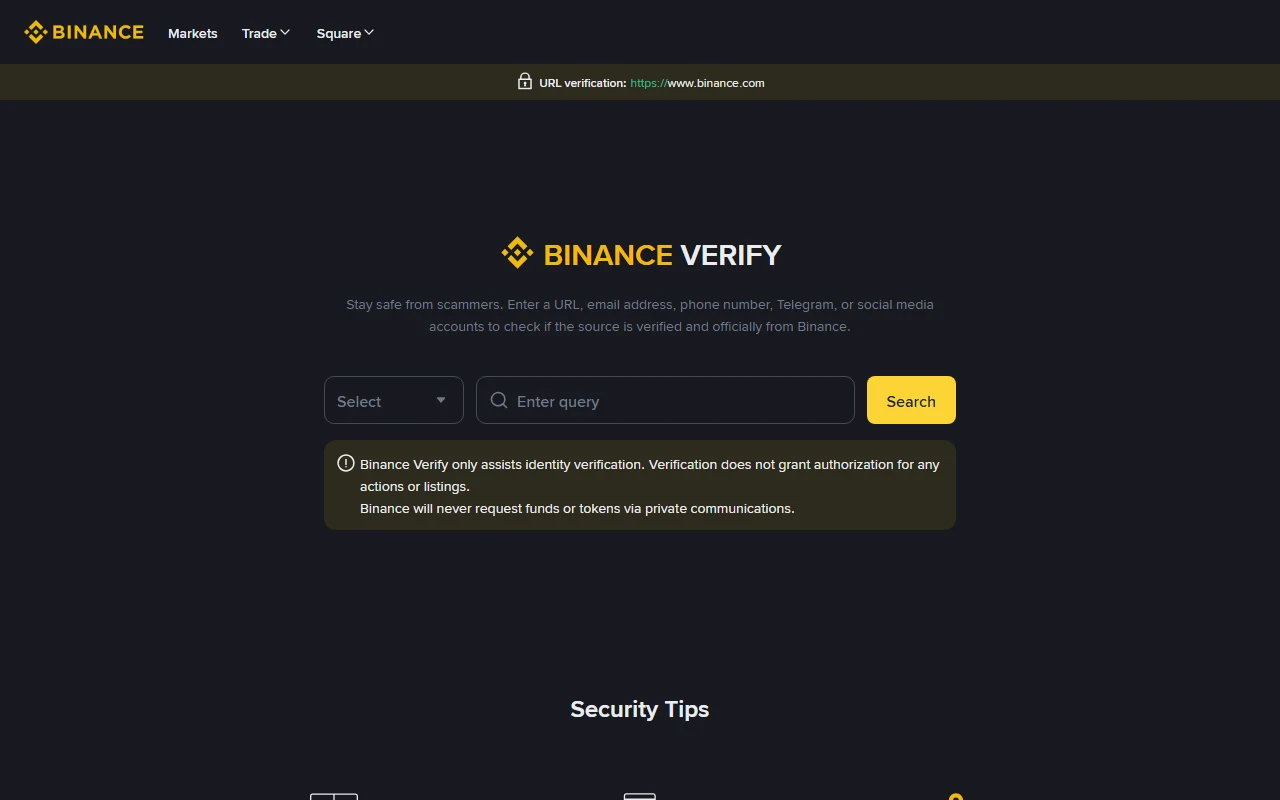 Binance Verify 官方頁面,畫面顯示查詢類型、輸入欄位、搜尋按鈕,以及驗證不代表任何操作或上架已獲授權的警示