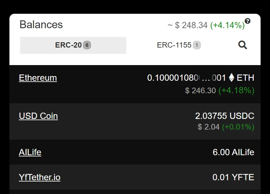 Ethplorer блок-изилдөөчүсүндөгү SAFU USDC дареги: жалпы калдык болжол менен 248 доллар, анын ичинде 2,03755 USDC жана 0,1 ETH