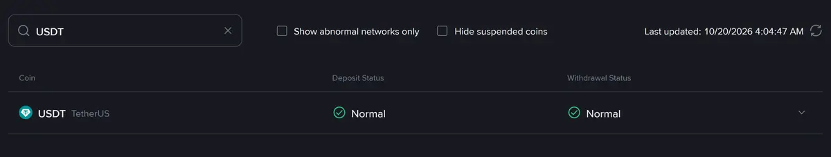 Binance دے status صفحے اُتے USDT: deposit تے withdrawal دوویں Normal، نال اپڈیٹ دا وقت