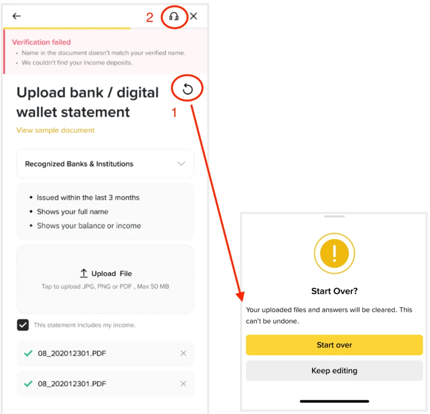 Binance колдонмосундагы «Verification failed» билдирүүсү, банк көчүрмөсүнө коюлган үч талап, JPG/PNG/PDF жана 50 МБ чеги, ошондой эле «Start Over?» калкыма терезеси
