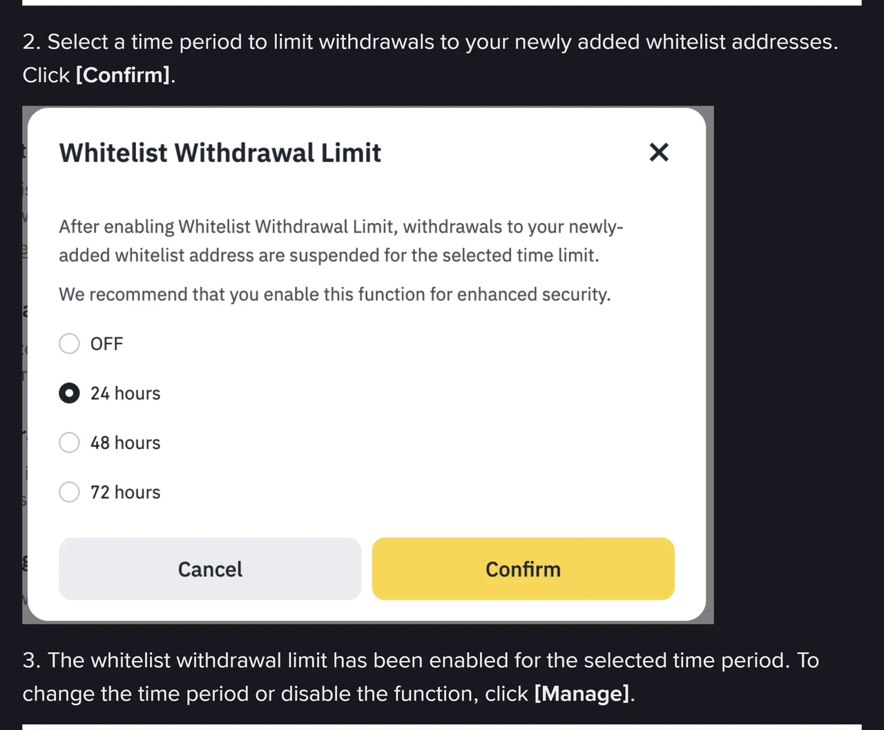 Binance دا Whitelist Withdrawal Limit خانہ جیہدے وچ OFF، 24 hours، 48 hours تے 72 hours دے چار گول نشان نیں تے 24 hours چُنیا ہویا اے