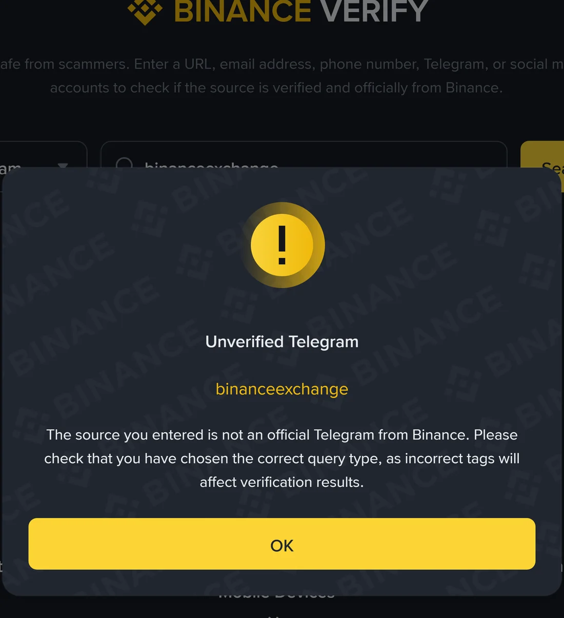 Binance Verify دا نتیجہ: Telegram قسم وچ @ توں بغیر binanceexchange لکھن اُتے Unverified Telegram دسیا گیا