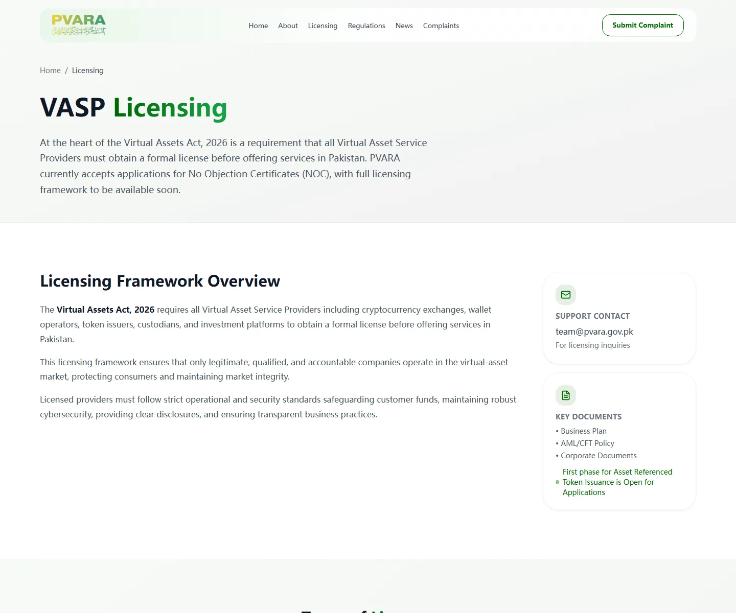 PVARA دے سرکاری VASP Licensing صفحے دا screenshot، جتھے NOC applications تے full licensing framework coming soon لکھیا اے