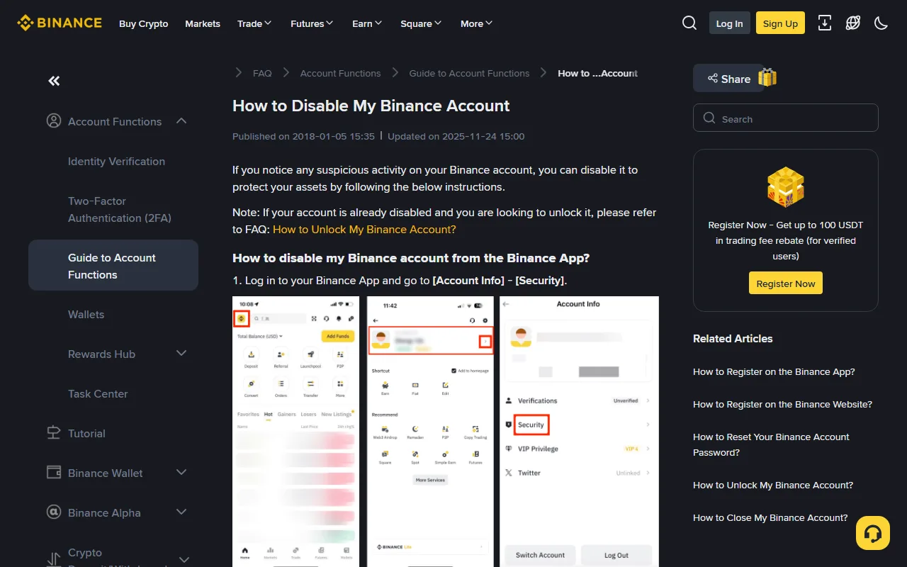 Binance دے سرکاری How to Disable My Binance Account صفحے دا حقیقی screenshot؛ عنوان، suspicious activity وقت account disable کرن دی ہدایت تے App وچ Account Info سے Security تک دا راستہ نظر آ رہیا اے