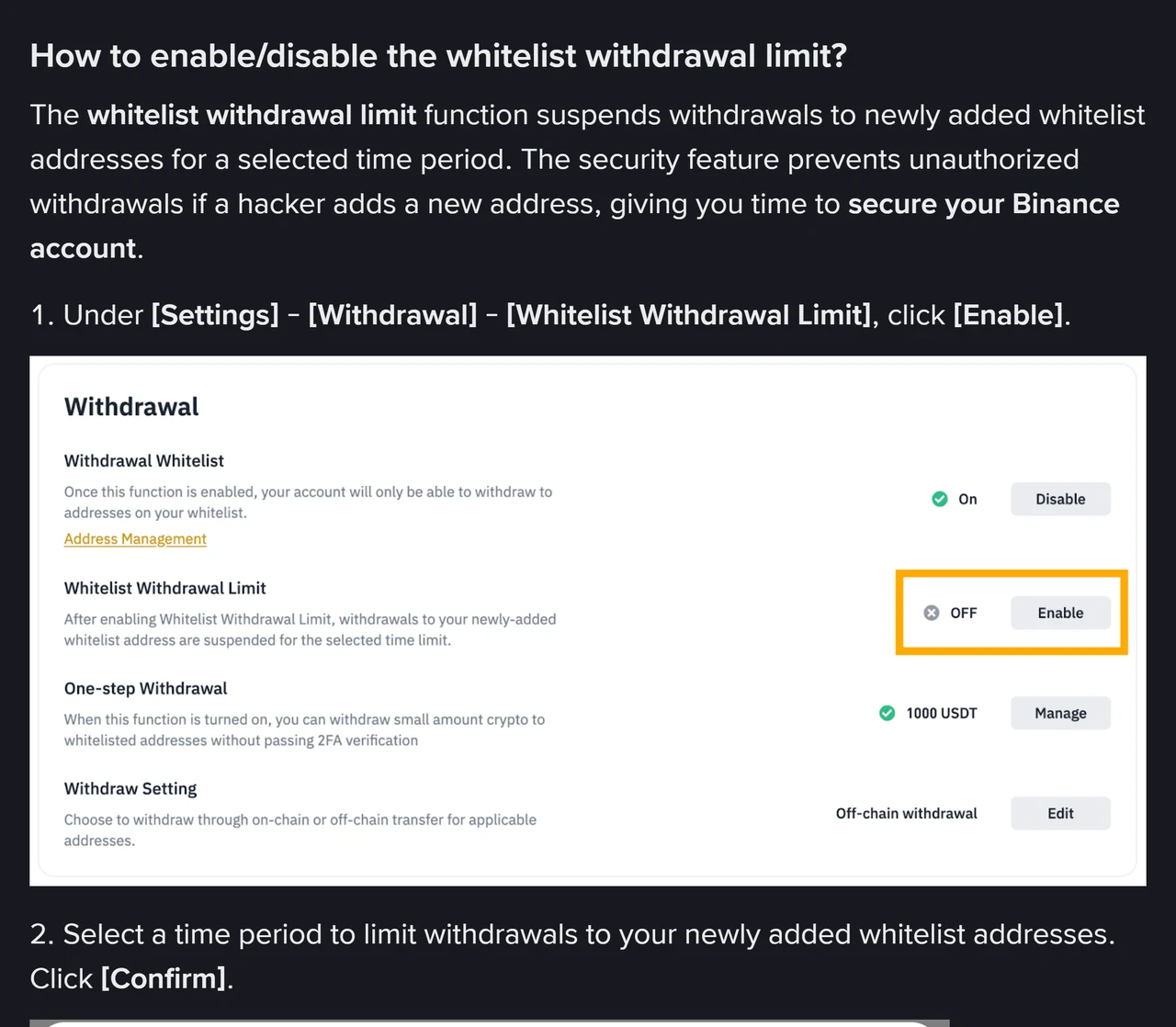 Binance Settings دے Withdrawal حصے دا سرکاری screenshot: Withdrawal Whitelist On اے، Whitelist Withdrawal Limit OFF اے تے اوہدے نال Enable دا بٹن پیلے خانے وچ نشان زد اے