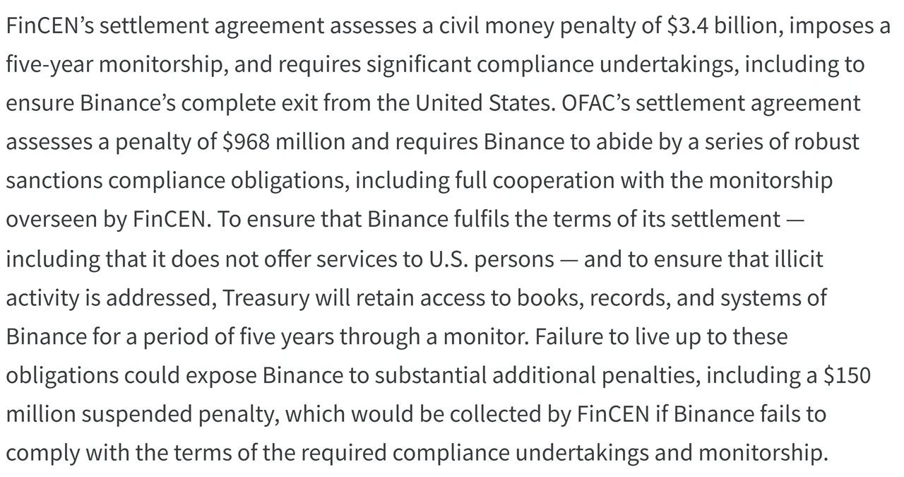 美國財政部新聞稿段落,寫明 FinCEN 罰款 34 億美元並課予五年監管期、OFAC 罰款 9.68 億美元,以及 1.5 億美元緩期罰款的條件