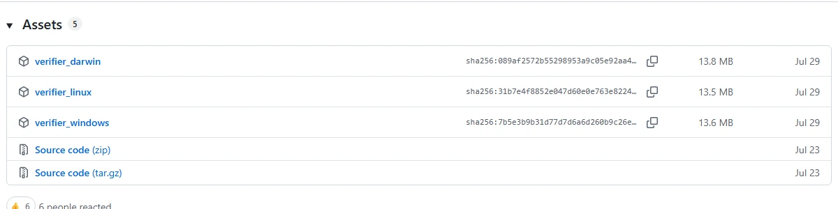 GitHub 上 zkmerkle-proof-of-solvency v1.2.1 的下載清單,三個檔案分別為 verifier_darwin、verifier_linux、verifier_windows,各約 13.5~13.8 MB 並附 SHA256