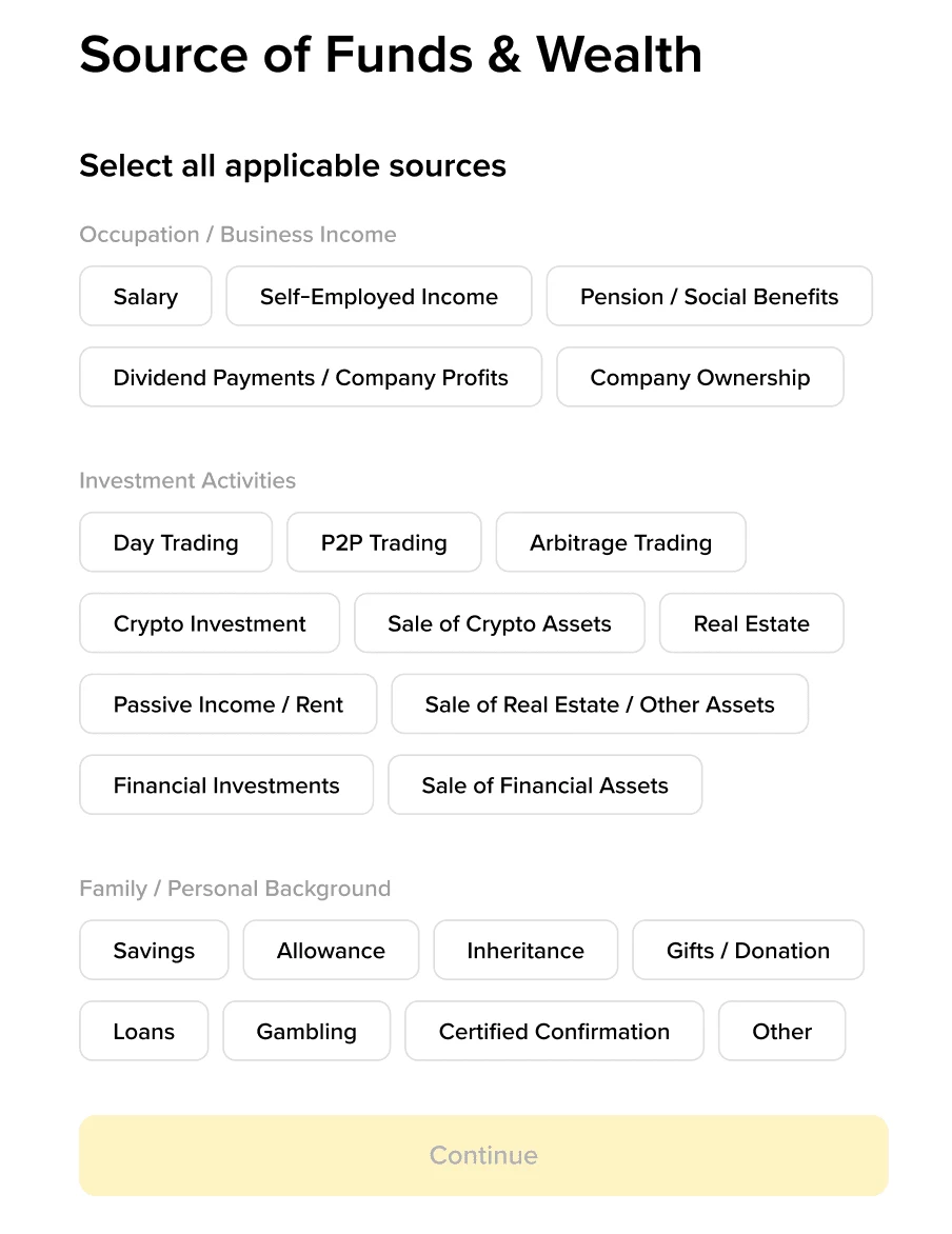 Binance'тин EDD формасы «Select all applicable sources»: үч топко бөлүнгөн 23 булак варианты, алардын ичинде Day Trading, P2P Trading жана Arbitrage Trading