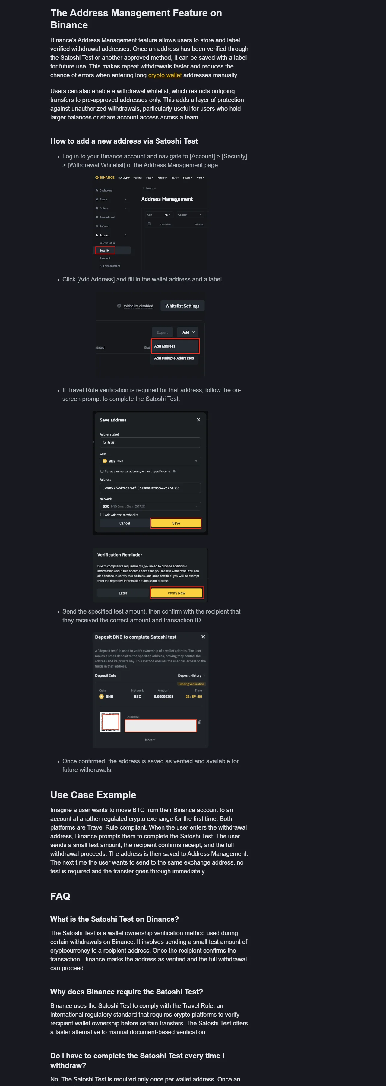 Binance Academy 官方文章的 Address Management、Add Address、驗證提醒與 Satoshi Test 介面截圖
