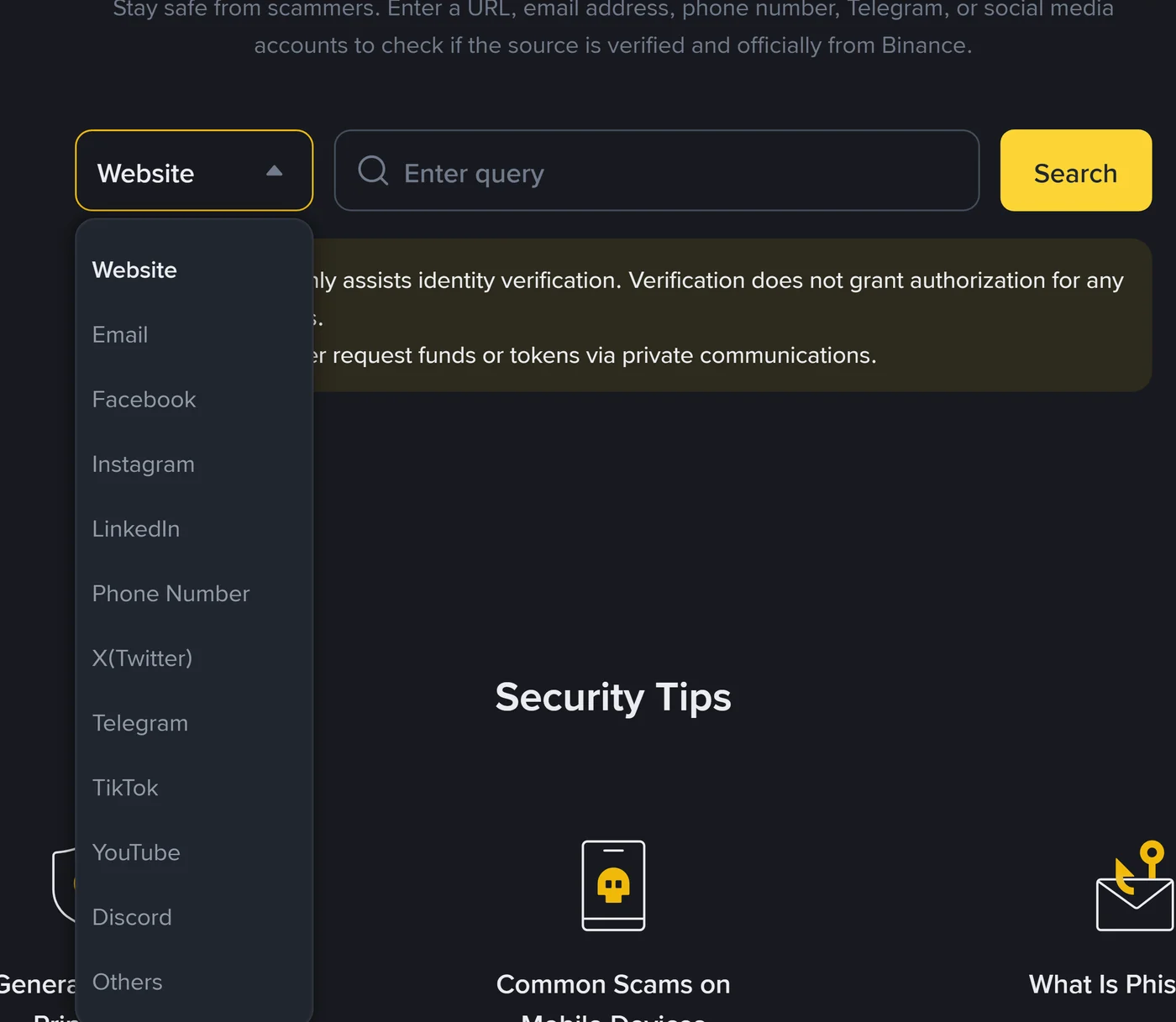 Binance Verify دے search box دا drop-down کھلا ہویا، جیہدے وچ Website توں لے کے Others تک بارہ قسماں دسیاں گئیاں نیں